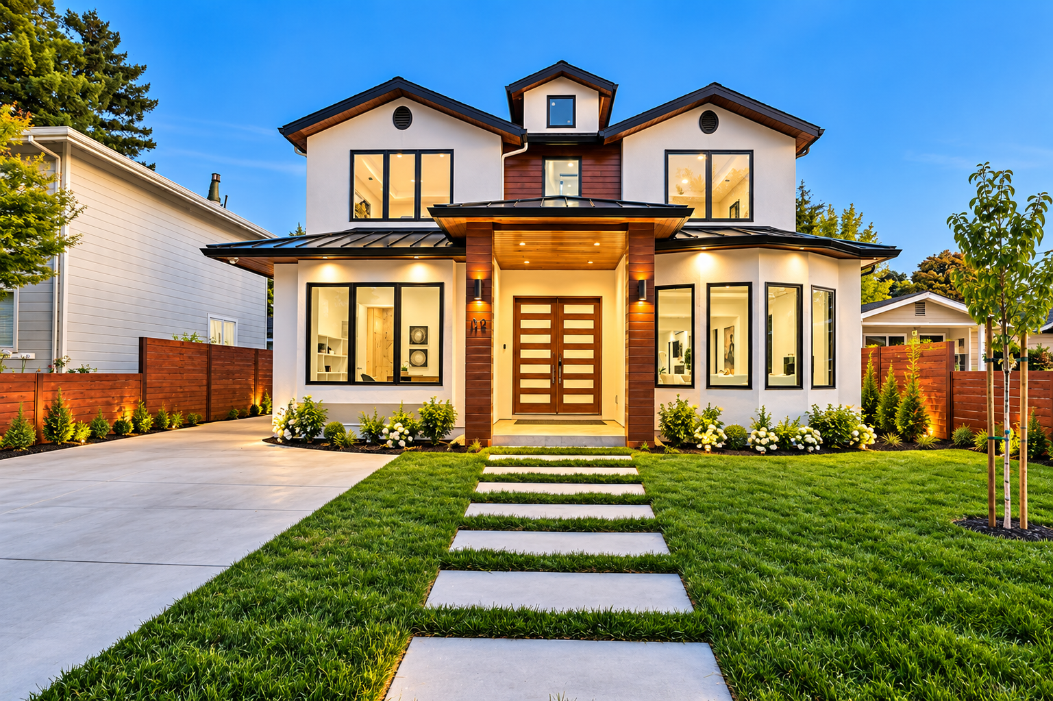 Modern two-story house with a well-maintained front yard, pathway, and landscaped garden, illuminated by exterior lighting during twilight.
