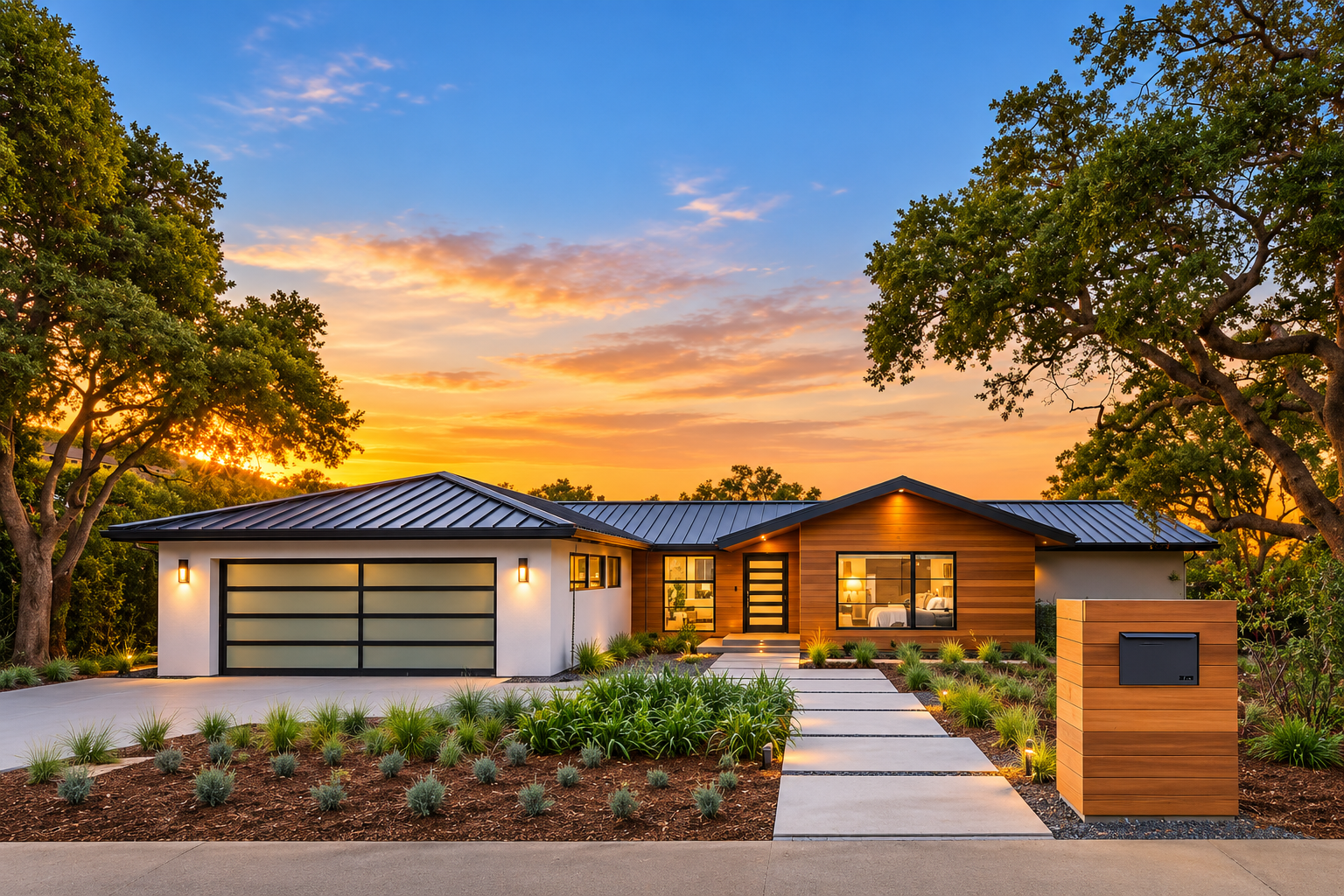 Modern single-story house with a metal roof, large windows, wooden accents, a driveway, and landscaped front yard at sunset.