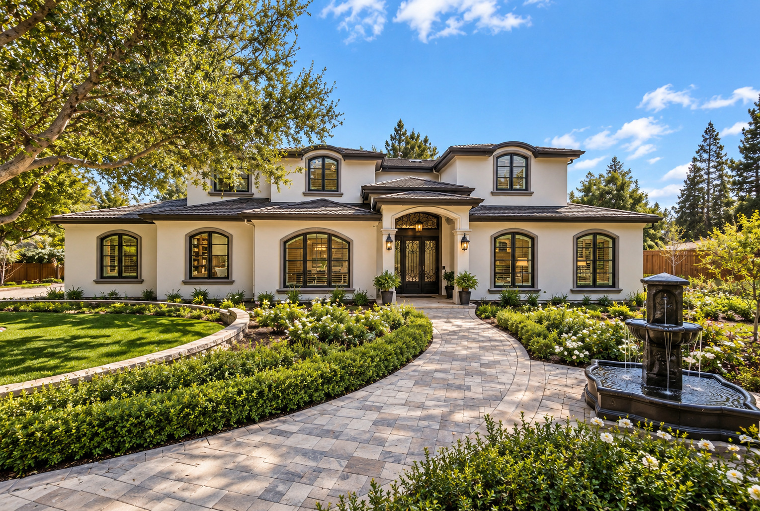 Front view of a luxurious two-story house with white exterior walls and black window frames, surrounded by a landscaped garden with a curved stone walkway, lush green grass, flowering bushes, and a decorative black fountain in the front yard under a clear blue sky.