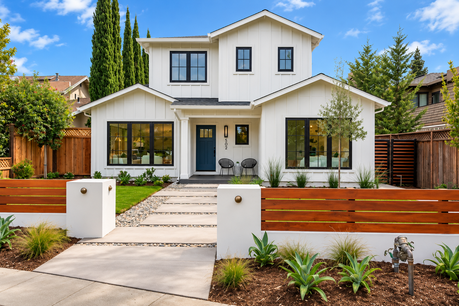 Modern white two-story house with black-framed windows and a blue front door, surrounded by a landscaped yard with green grass, small trees, and shrubs. A wooden fence borders the property, and a stone pathway leads to the front steps. The sky is blue with some clouds.