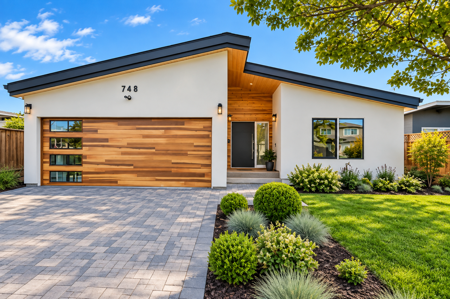 Modern white house with wood-accented garage door, front entrance, and landscaped front yard with bushes and flowers.