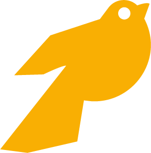 Gold-colored stylized bird icon with a circular eye against a black background.