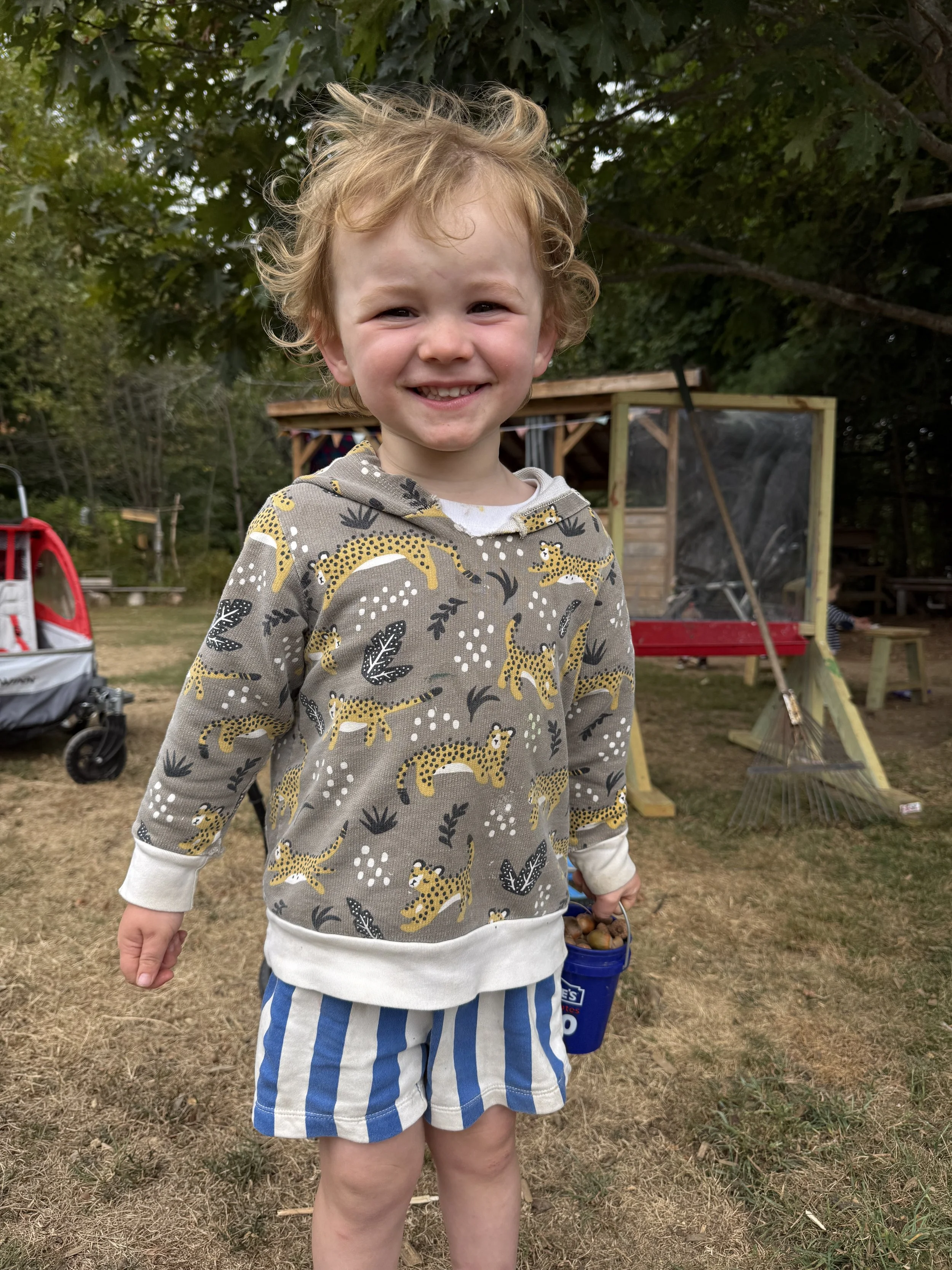 A young boy with curly blond hair, smiling, holding a small blue bucket filled with acorns, standing outdoors on a dry grassy area with trees and a wooden structure in the background.