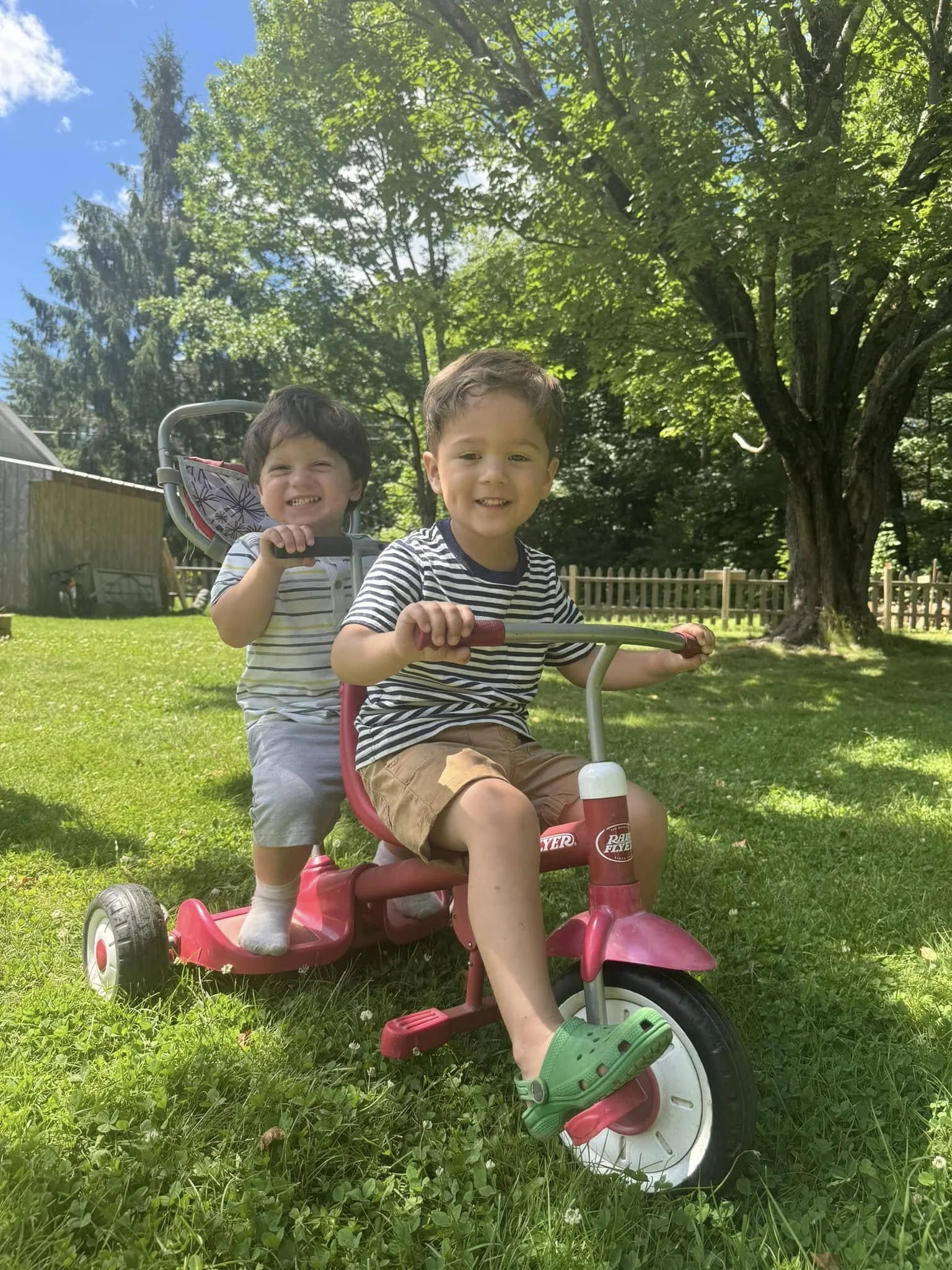 Two young boys playing outdoors, one sitting on a red tricycle with green shoes, and the other standing behind, smiling. They are in a grassy yard with large trees and a wooden fence in the background.