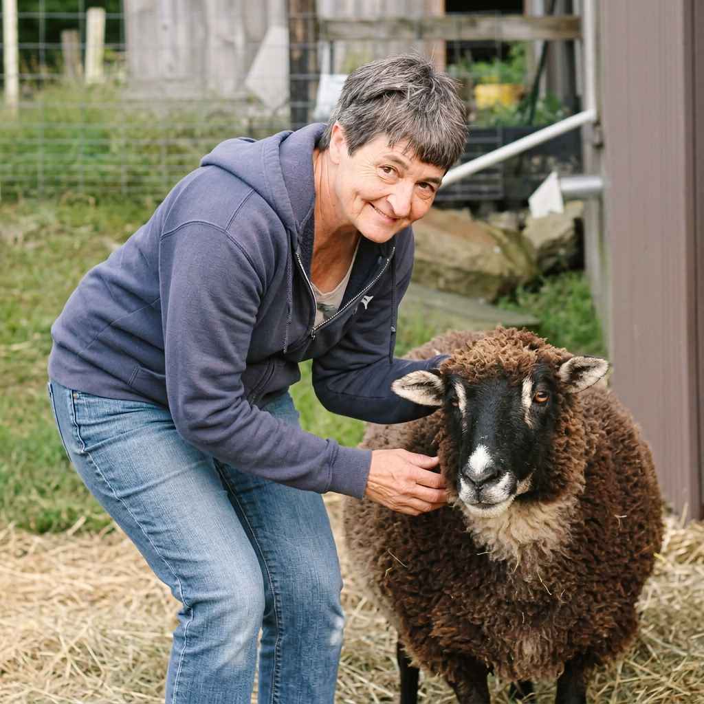 A smiling man in a blue hoodie and jeans petting a sheep in a grassy area with a fence and building in the background.