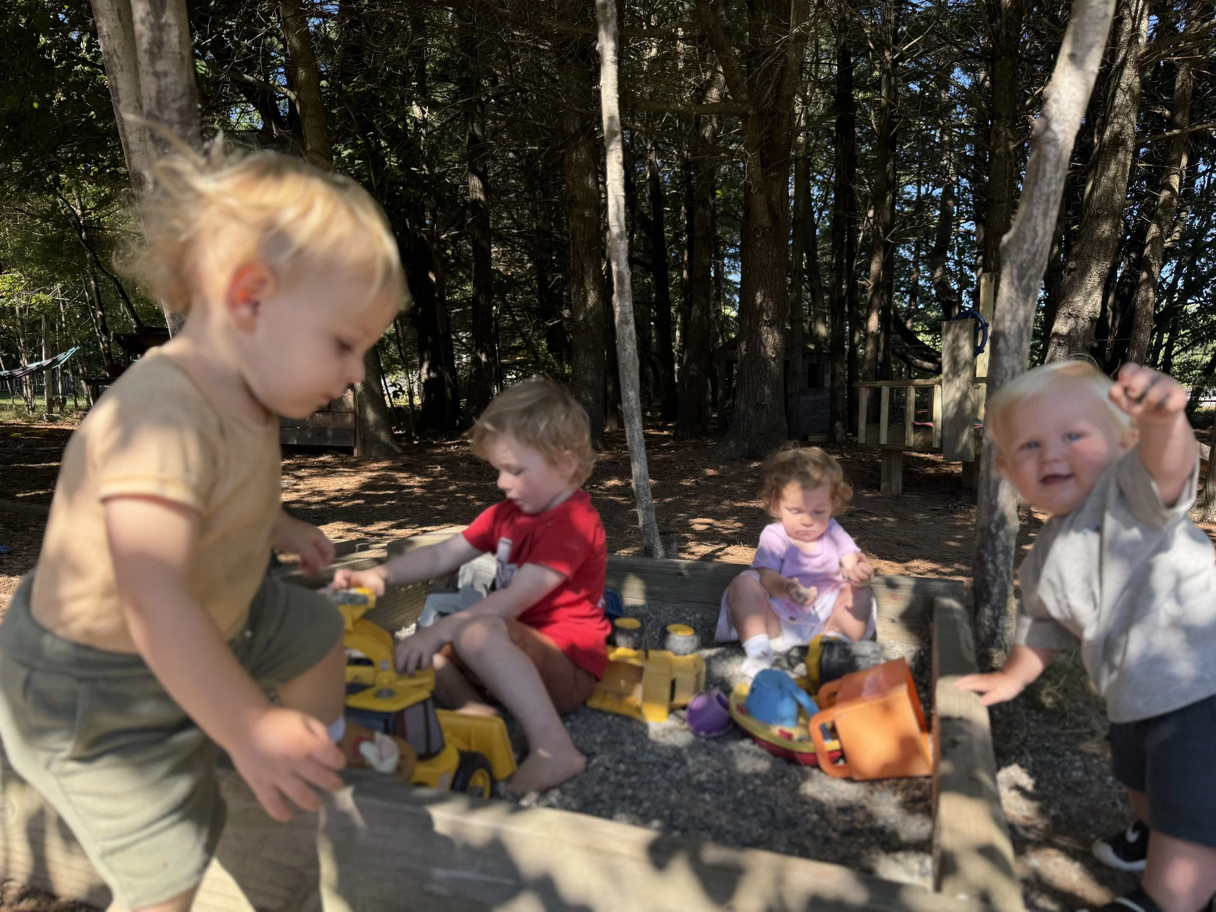 Children playing outdoors in a forested area surrounded by trees, with toys and containers in front of them, engaging in activities.