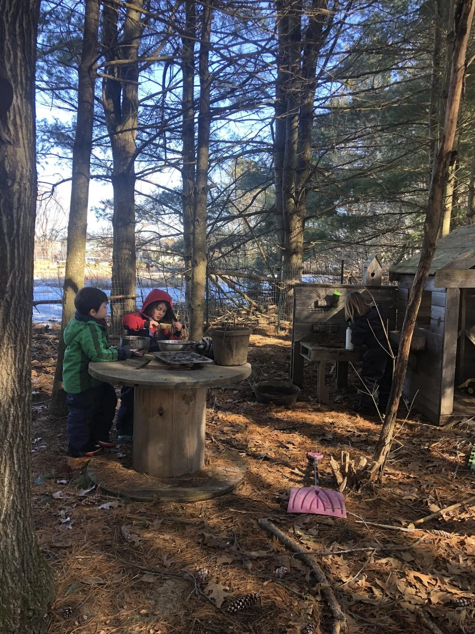 Three children are in a wooded outdoor area with trees and fallen leaves. They are near a small wooden structure, possibly a chicken coop, and are standing around a round wooden table. One child is wearing a red hoodie, another wearing a green jacket