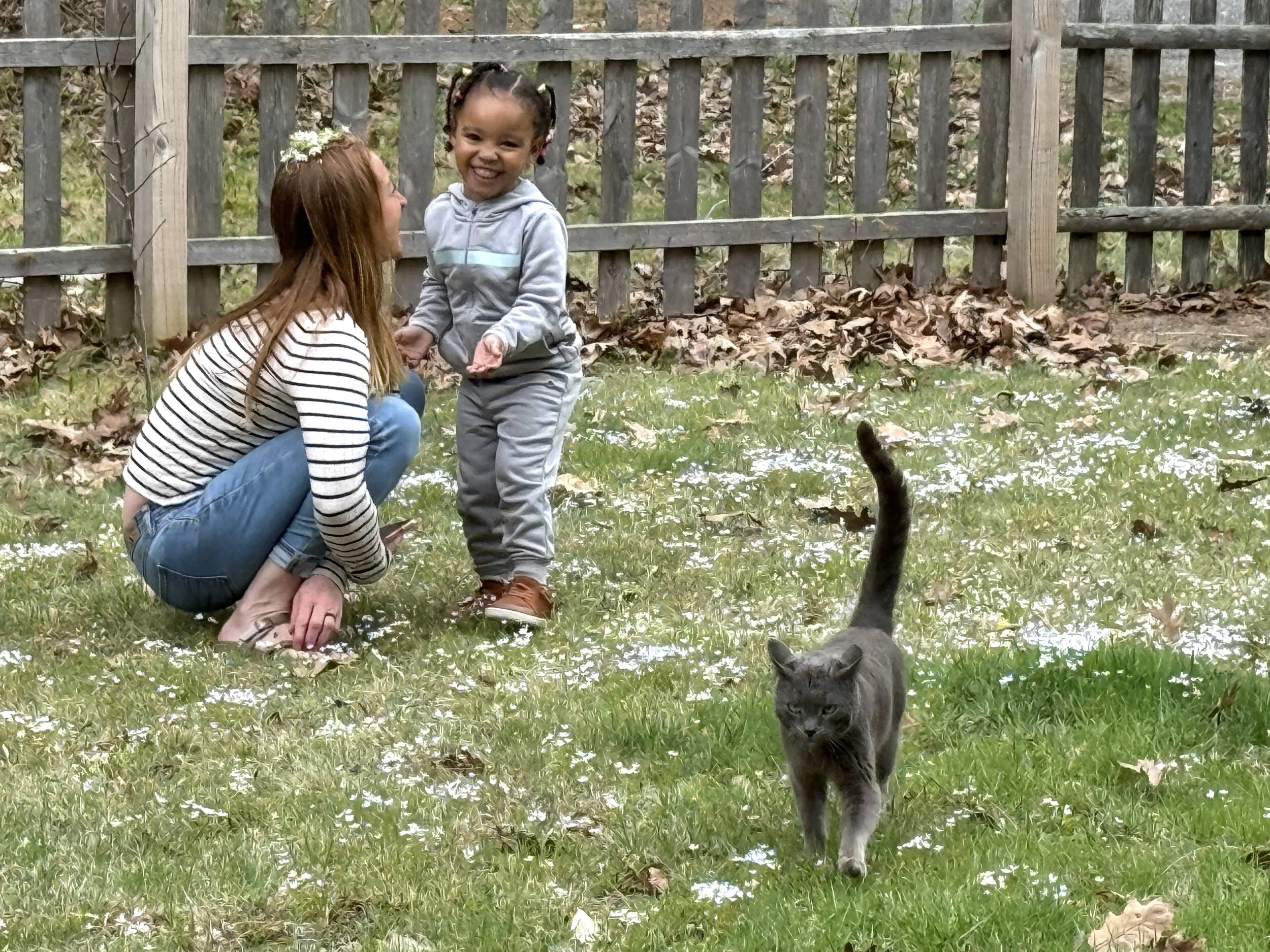 A woman with long red hair and a floral headband kneels on grass, smiling at a young girl with braids, who is wearing a gray hoodie and gray pants, outside near a wooden fence and fallen autumn leaves. A gray cat is walking towards the camera.