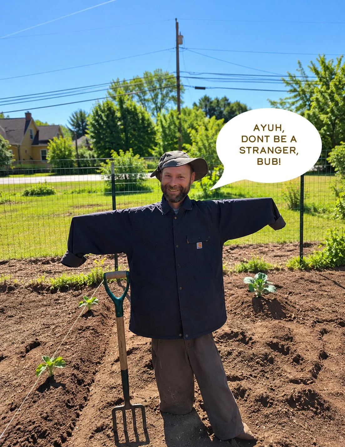 Mike Merrill as a scarecrow wearing work clothes and a wide-brimmed hat standing in a garden with plants. There is a speech bubble that says, 'AYUH, DONT BE A STRANGER, BUB!' at Soreil Farm Store in Scarborough, Maine
