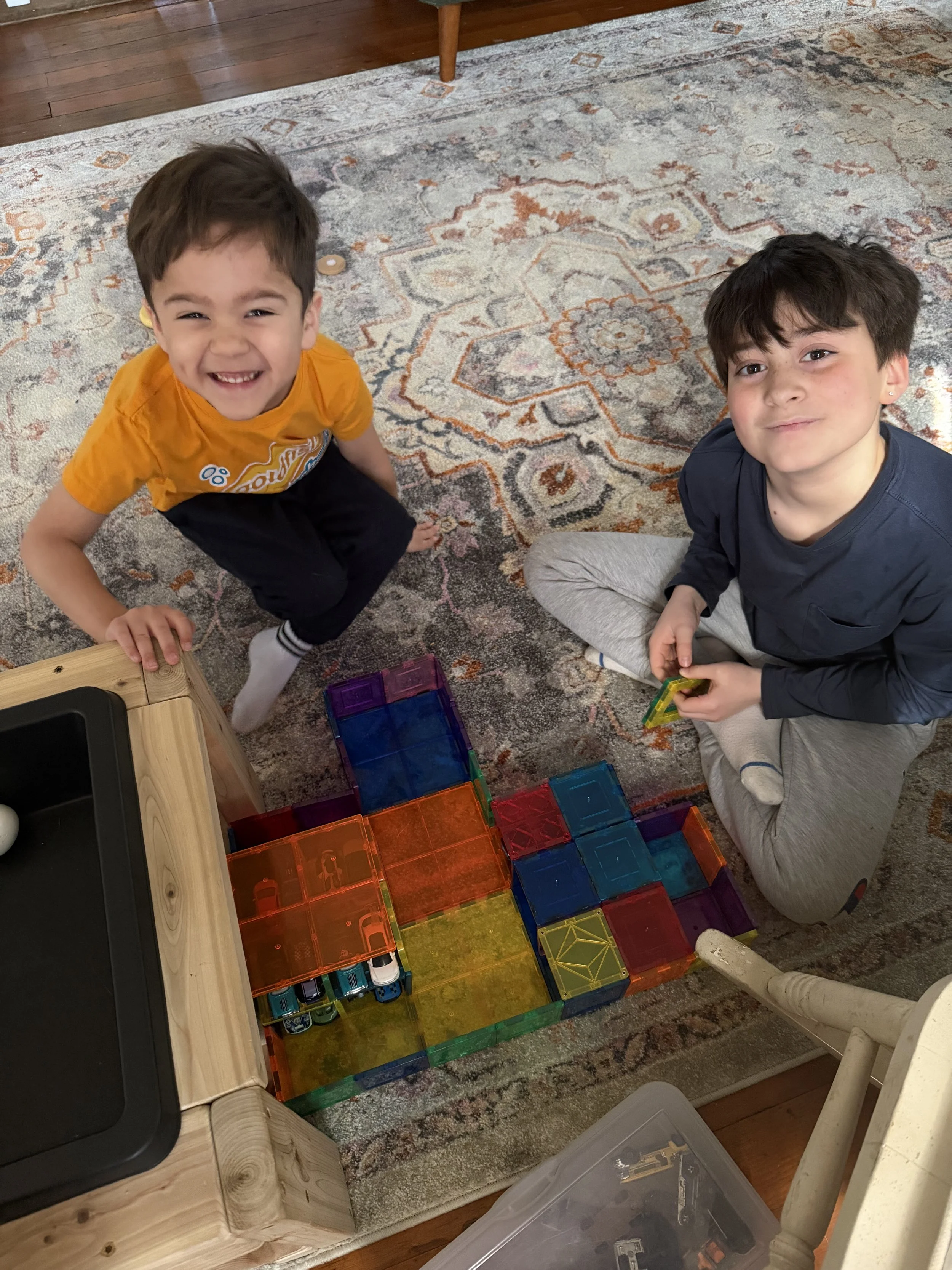 Two young boys sitting on the rug playing with colorful building blocks and toy cars.