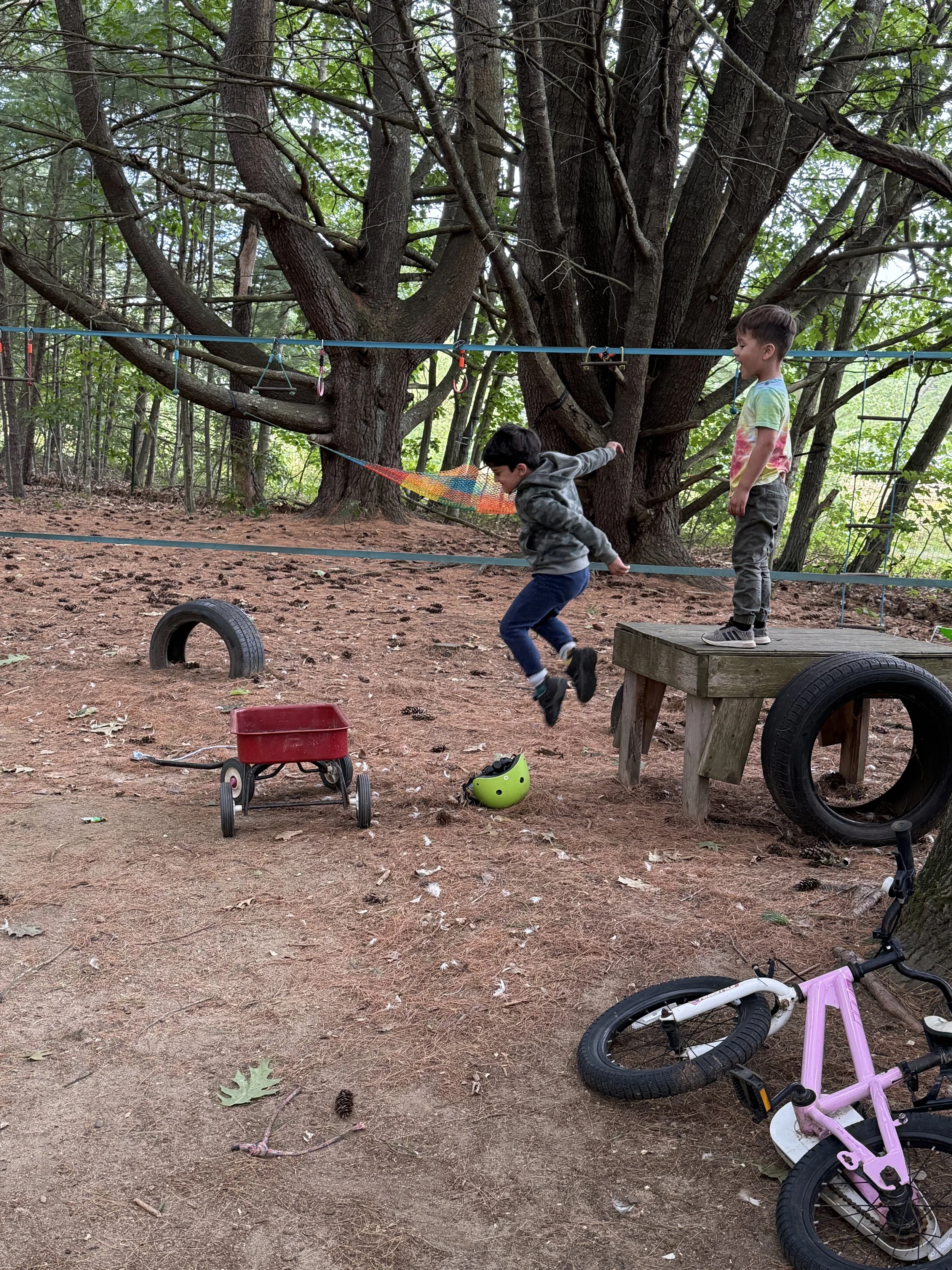 Two young boys playing in a wooded outdoor area with trees and dirt ground, surrounded by children's bikes and playground equipment.
