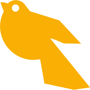 A stylized illustration of a yellow bird with a black background.