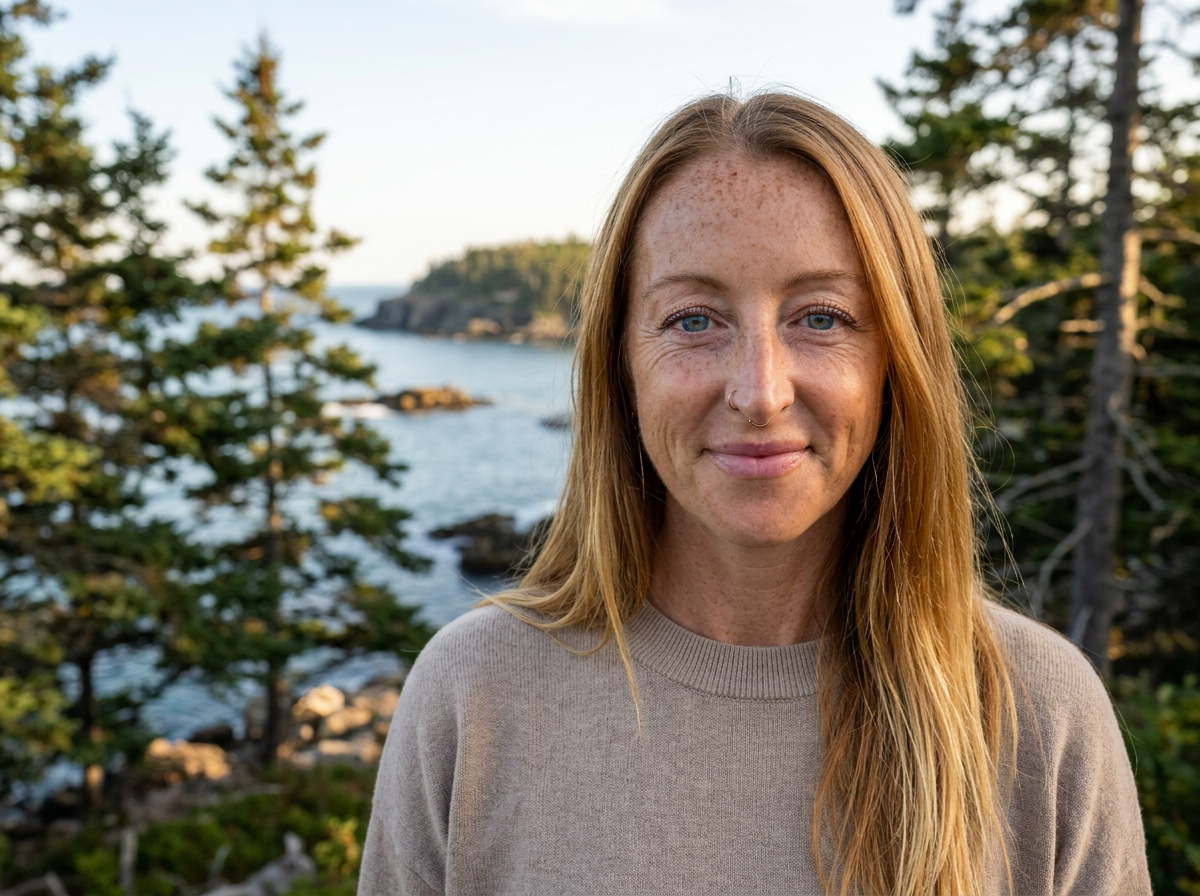 Amy Merrill, a preschool teacher at Three Little Birds, located in Scarborough, Maine, is standing outdoors near a body of water with trees and rocks in the background. Three Little Birds program is for infants through age 5.