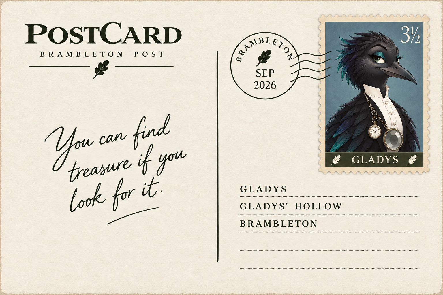 A vintage-style postcard with a bird dressed as a detective, featuring a silhouette of a raven wearing a white shirt, black jacket, and a chain with a pocket watch and magnifying glass. The postcard is addressed to Gladys, with a message to find treasure by looking for it, and a stamp with the bird's name and a postmark from Brambleton in September 2026.