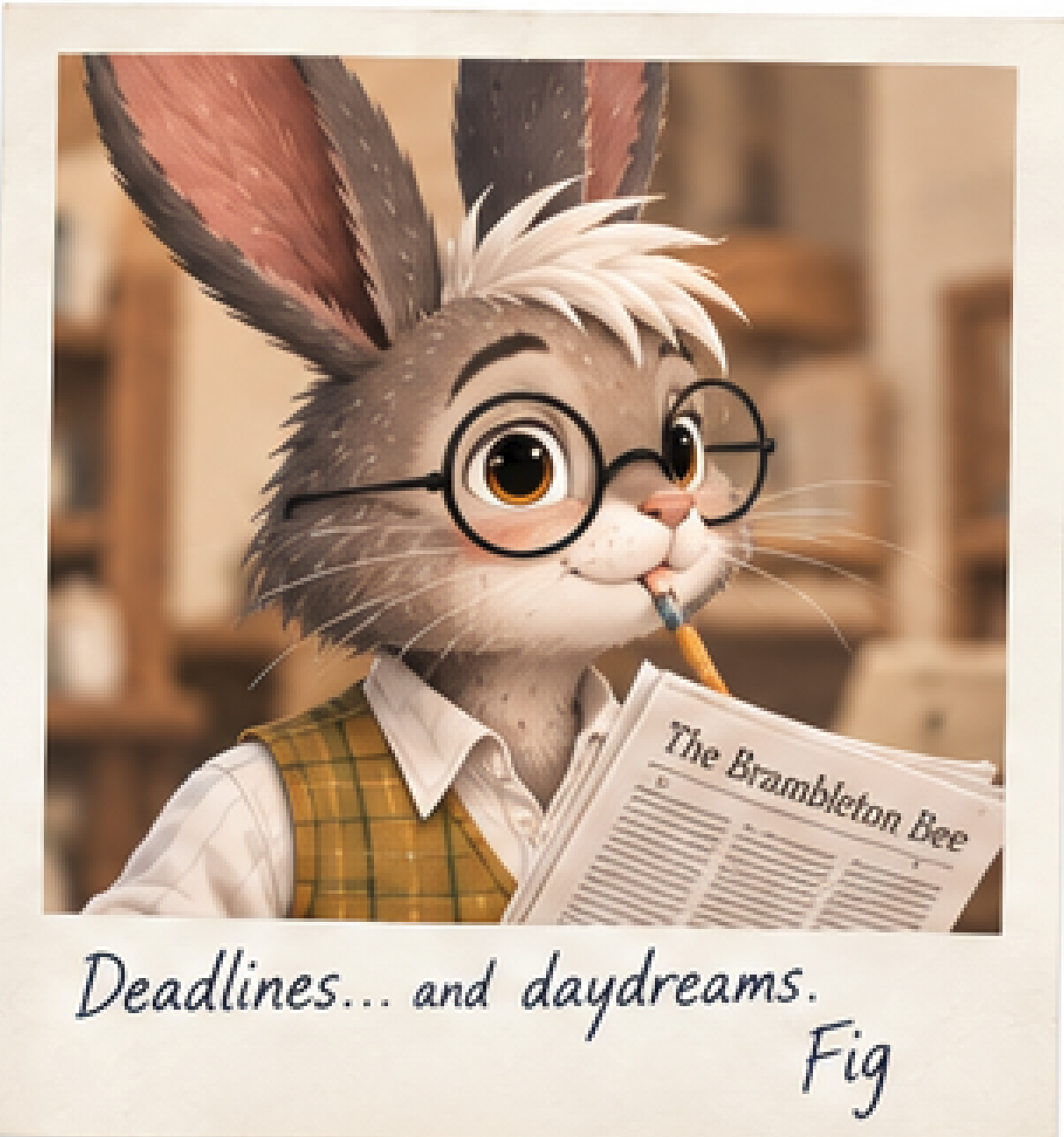 An animated anthropomorphic rabbit with glasses and a white tuft of hair, dressed in a yellow plaid vest over a white shirt, holding a newspaper titled the Brambleton Bee and chewing on a pencil. The caption reads, 'Deadlines... and daydreams. Fig.'