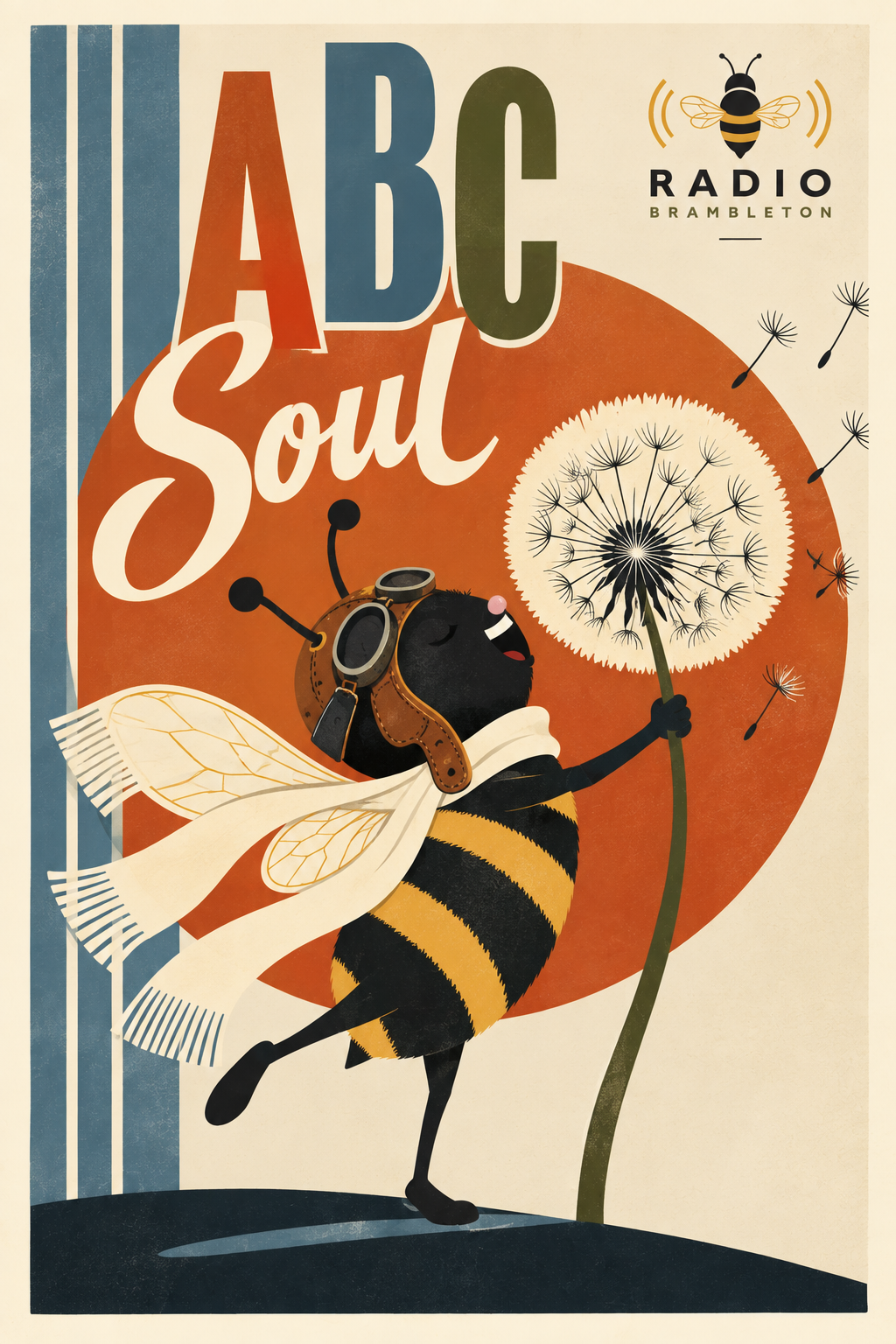 Illustration of a bee wearing goggles, a leather helmet, and a scarf, holding a dandelion and smiling. The background features the words 'ABC Soul' and a radio station logo for Radio Brambleton, with a large dandelion and several flying dandelion seeds.