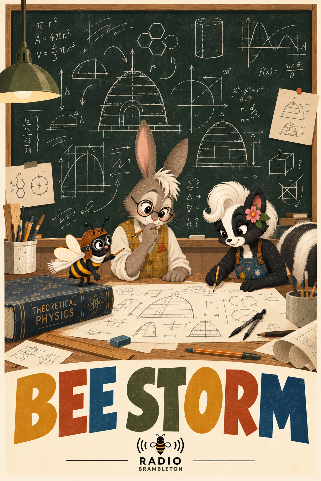 A wise animated character of a rabbit, skunk, and bee are sitting around a table, brainstorming a complicated series of problems. At the bottom of the image is the title 'Bee Storm," a title of a song,  associated with Radio Brambleton.