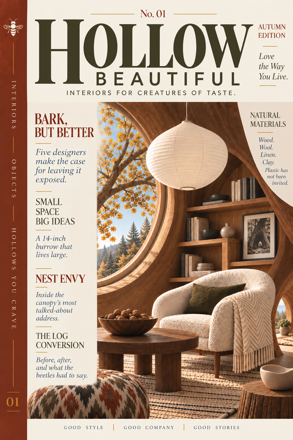 Cover artwork for Hollow Beautiful, a interiors/decor magazine for the characters of this whimsical woodland town of Brambleton. The image depicts a cozy living room done in ivory, and warm wood tones.