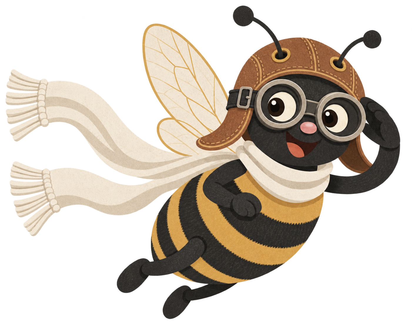 A cartoon bee with glasses, a brown aviator hat with ear flaps, a white scarf, and transparent wings.