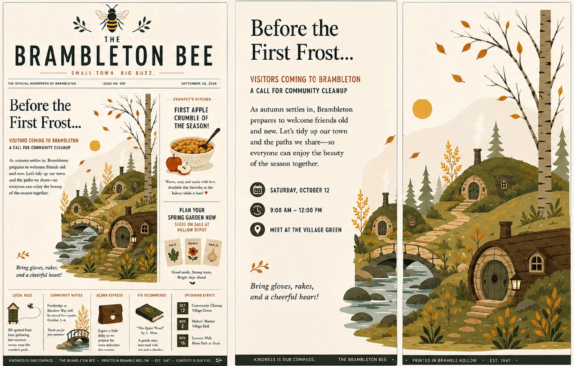A colorful illustrated newsletter titled "The Brambleton Bee" featuring a bee in the top center, some trees, a small village with cozy houses, a river, and falling autumn leaves. The newsletter contains articles about community cleanup, fall events, and gardening tips.