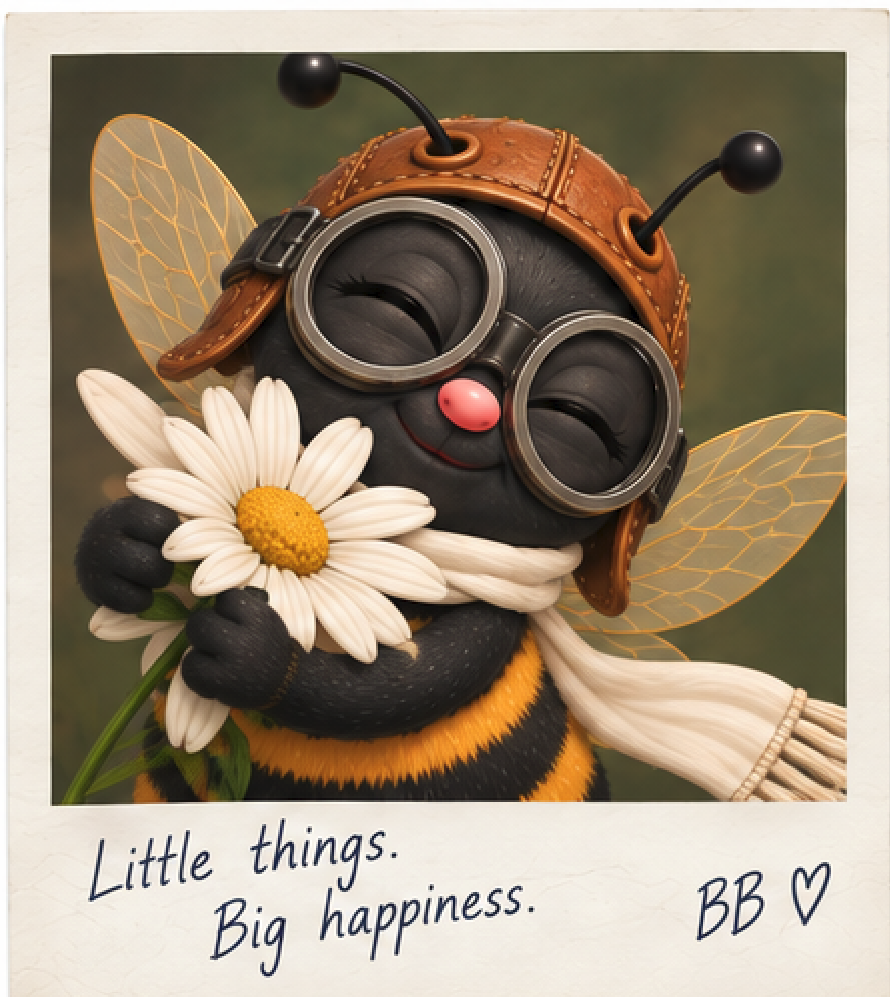 A cute bee character with a happy face, wearing goggles and an amber helmet with antennae, holding a daisy flower, and dressed with a striped yellow and black body, with transparent wings. The photo has a handwritten message: 'Little things. Big happiness. BB ♥'.