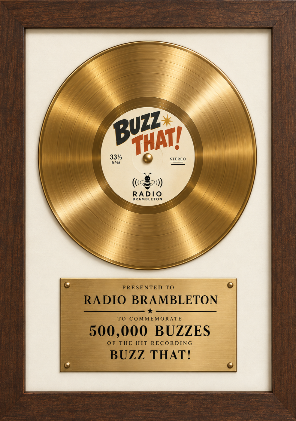 Golden record award plaque for Radio Brambleton celebrating 500,000 buzzes, with a decorative wooden frame.