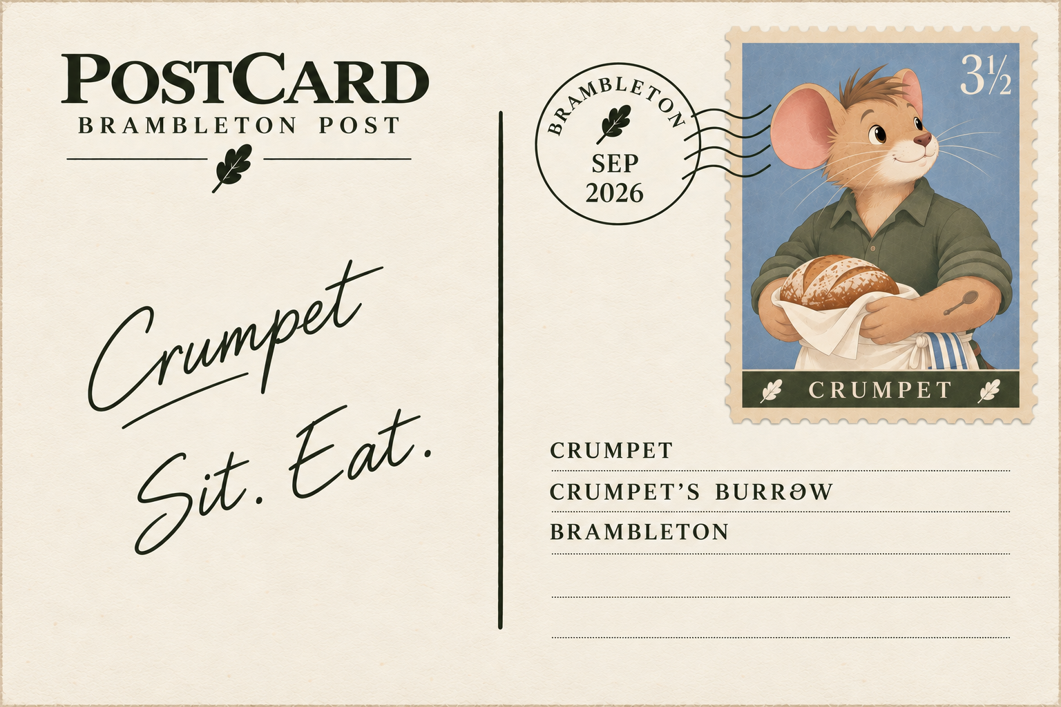 A vintage postcard with a drawing of a mouse holding a loaf of bread, designed like a postage stamp with the name 'Crumpet'.