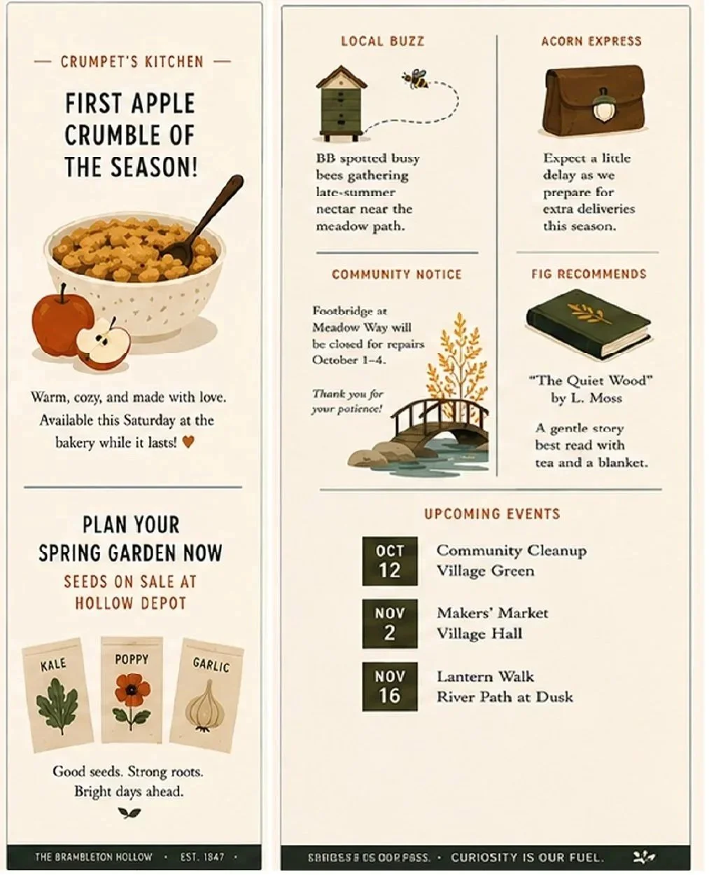 A colorful newsletter from Crumpet's Kitchen announcing the first apple crumble of the season, with sections on local bee activity, bakery delays, community notices about repairs, book recommendations, upcoming events, and planting seeds for spring.
