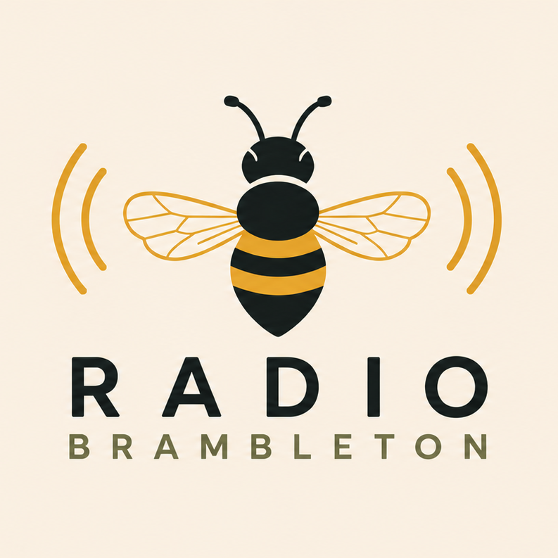Logo of Radio Brambleton featuring a stylized bee with radio signals on either side.