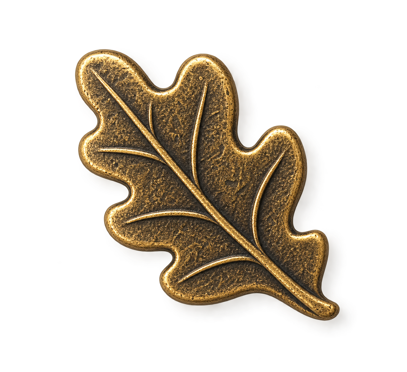 A gold-colored oak leaf-shaped object with a textured surface and prominent veins.