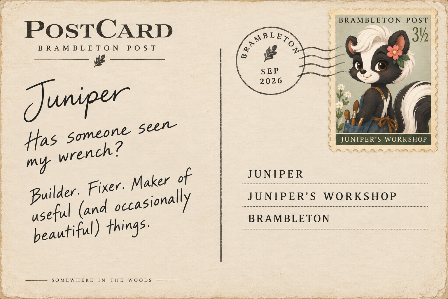 A vintage postcard with a beige background and black handwritten text that reads: "Juniper, Has someone seen my wrench? Builder. Fixer. Maker of useful (and occasionally beautiful) things. Somewhere in the woods." On the right side, there is a postage stamp featuring a cute cartoon skunk wearing a painter's apron and holding paint brushes, with a pink flower in her hair, labeled "Juniper's Workshop." The postcard is postmarked September 2026 from Brambleton.