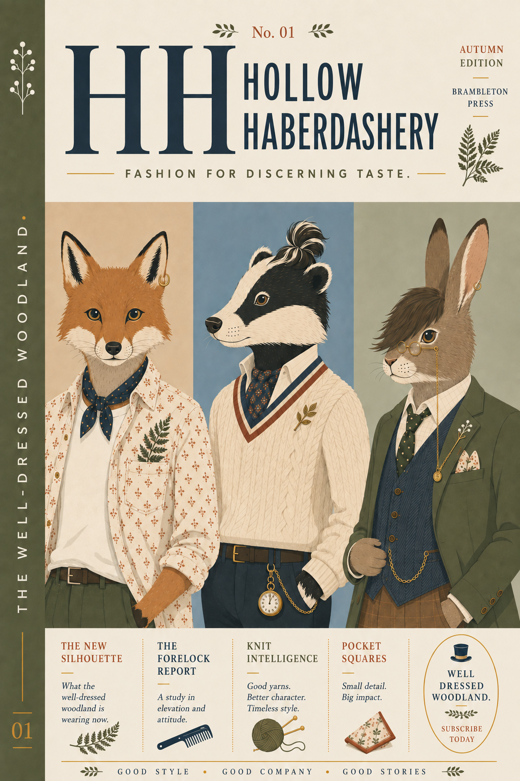Illustration of three anthropomorphic animals dressed in stylish clothing, standing side by side against a background with text about fashion and woodland themes. This is the cover of Hollow Haberdashery, a fashion magazine for discerning  creatures.