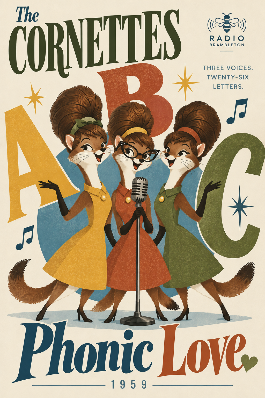 Vintage poster for The Cornettes, a musical group of three anthropomorphic foxes singing into a microphone, each wearing a dress and bow, with the title 'Phonic Love' and the year 1959.