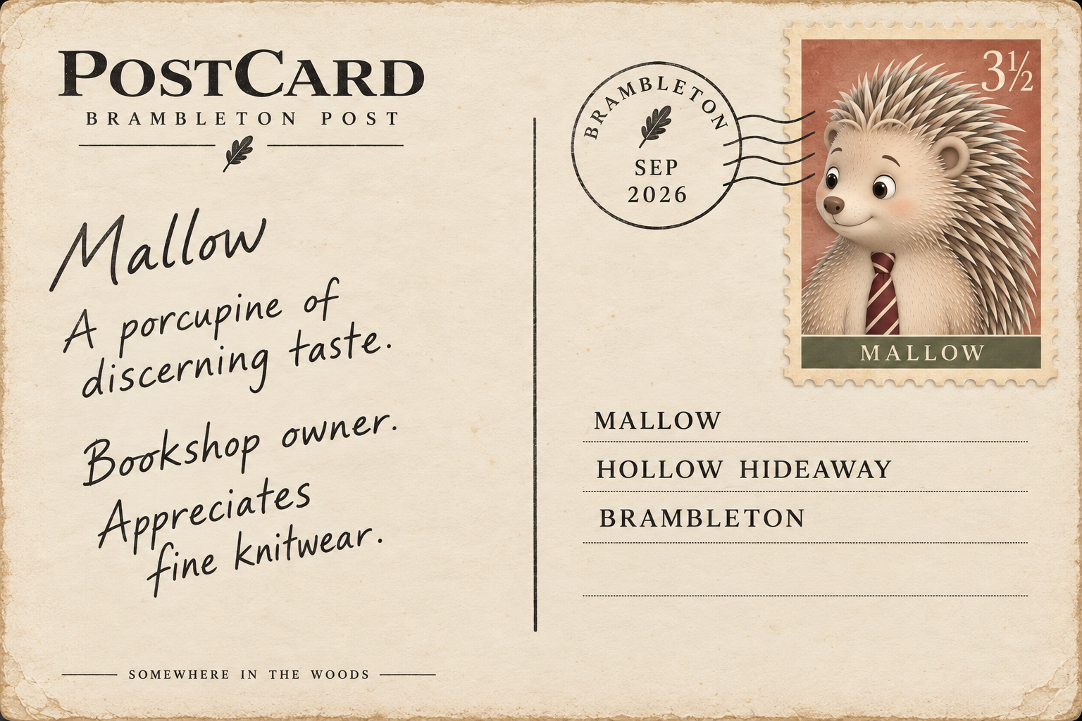 A vintage-style postcard featuring a cartoon hedgehog dressed in a tie on a postage stamp. The postcard has handwritten text describing Mallow as a porcupine of discerning taste, a bookshop owner who appreciates fine knitwear. It includes a postal mark from Brambleton, September 2026, and a list of addresses.