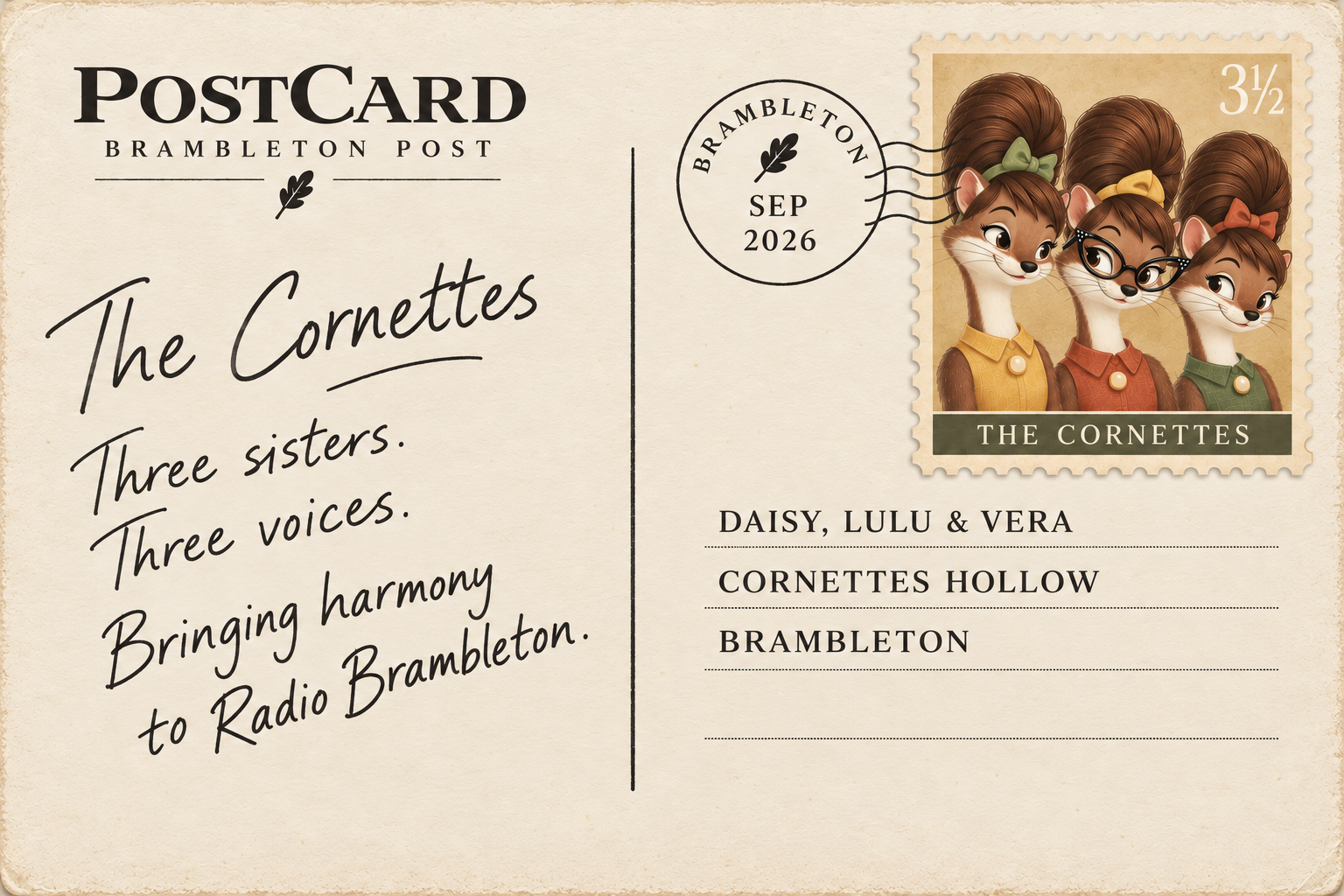 A vintage-style postcard featuring three animated weasel characters in dresses and bee hive hairdo's. They are a girl group of background singers for Radio Brambleton. Their  images are used as the stamp.