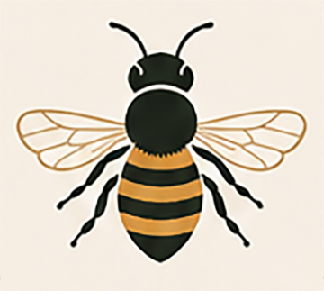 Illustration of a bee with black and yellow striped body, wings, and antennae.