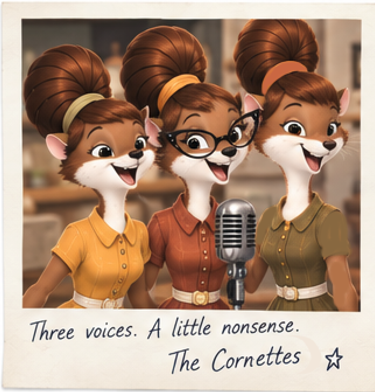 Animated scene of three female weasels singing at a microphone, with the middle chipmunk wearing glasses and the others wearing dresses with belts. They have large, exaggerated bee hive hair dos and are smiling.