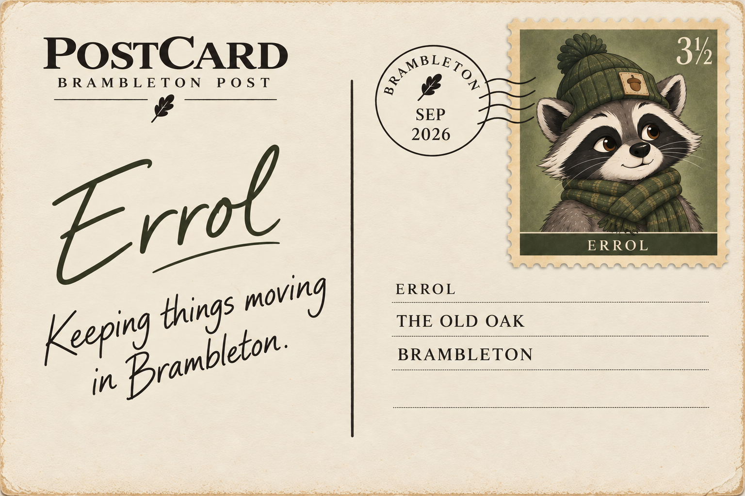A vintage postcard featuring a raccoon wearing a green hat and scarf, with a stamp at the top right corner showing the raccoon and the name 'Errol.' The postcard has the title 'Postcard Brambleton Post,' the name 'Errol,' and the message 'Keeping things moving in Brambleton.' The stamp indicates a value of 3½.