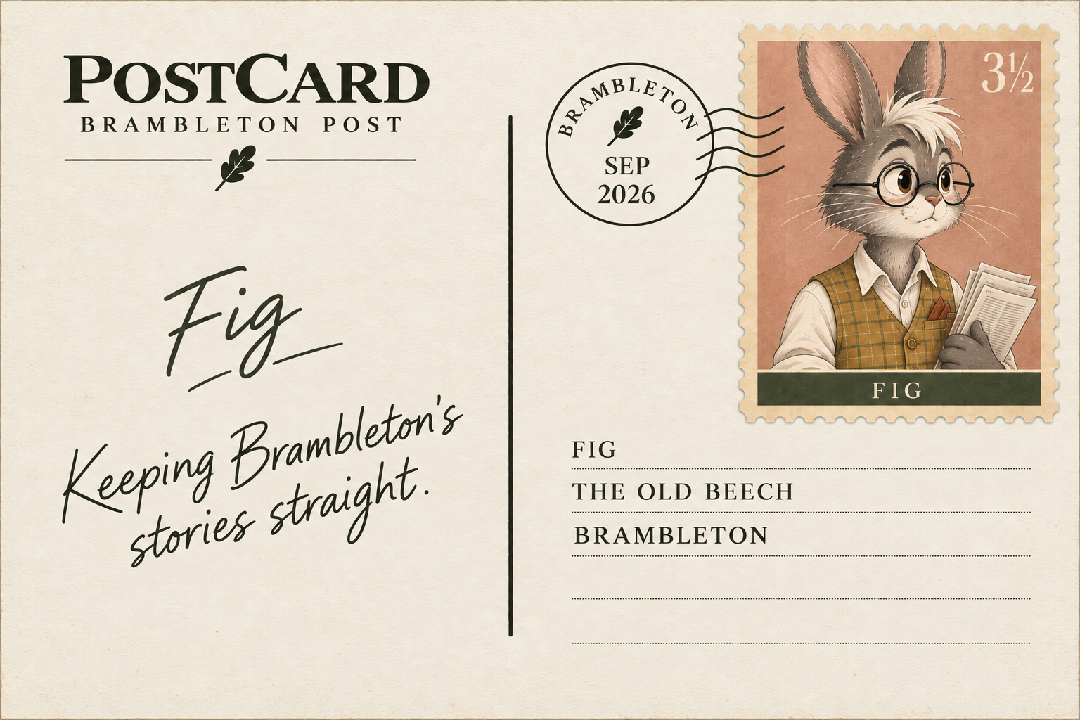 Postcard featuring a cartoon rabbit character with glasses, wearing a plaid vest and holding newspapers. The postcard has a stamp with the rabbit's image and the label 'Fig'. The handwritten phrase 'Keeping Bramleton's stories straight' is on the left side of the postcard.