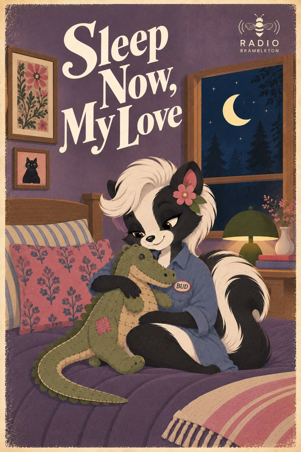 An animated skunk with a flower in her hair sitting on a bed, hugging a stuffed crocodile toy, in a bedroom with purple walls, framed pictures, and a window showing a night sky with a crescent moon and trees. The room has a lamp, a vase with flowers, and a sign that says "Sleep Now, My Love
