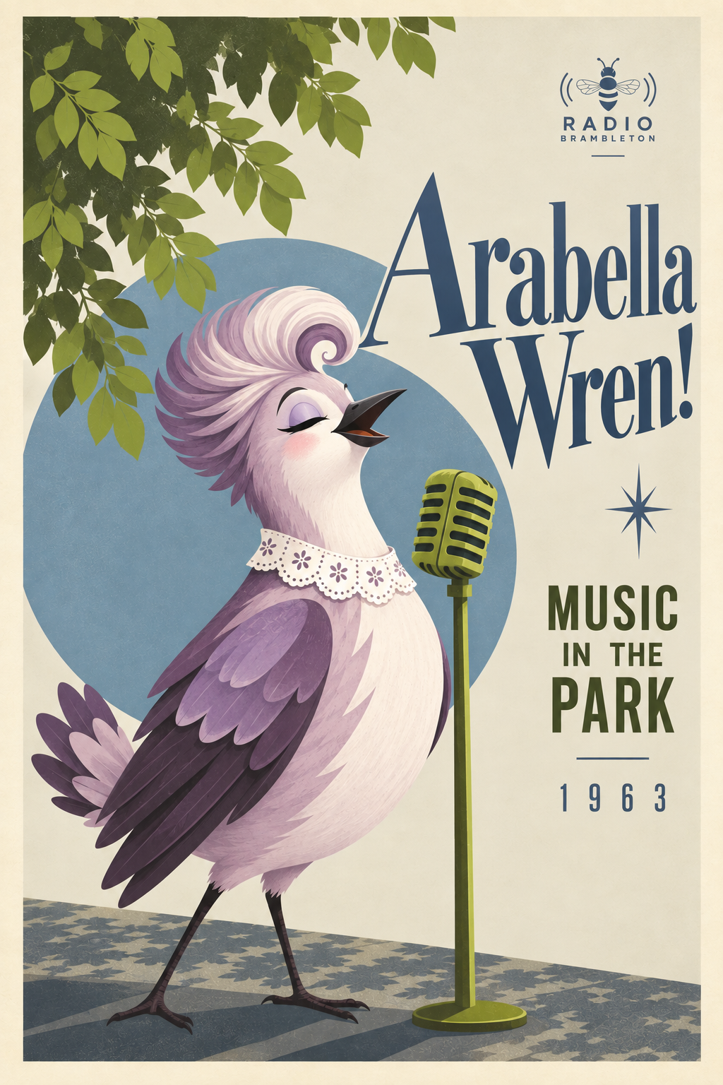 A cartoon bird singing into a vintage green microphone, with leaves overhead, advertising 'Arabella Wren! Music in the Park 1963' for Radio Brampton.