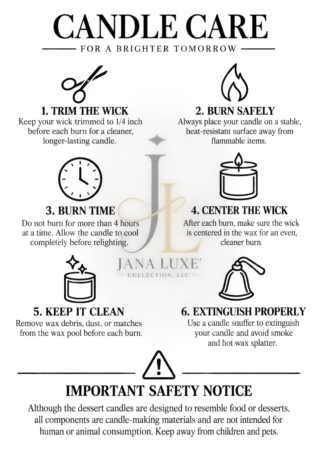 Instructions for candle care, including wick trimming, burn duration, and safety tips. The image features a jar with a candle, a clock, and symbols for safety.