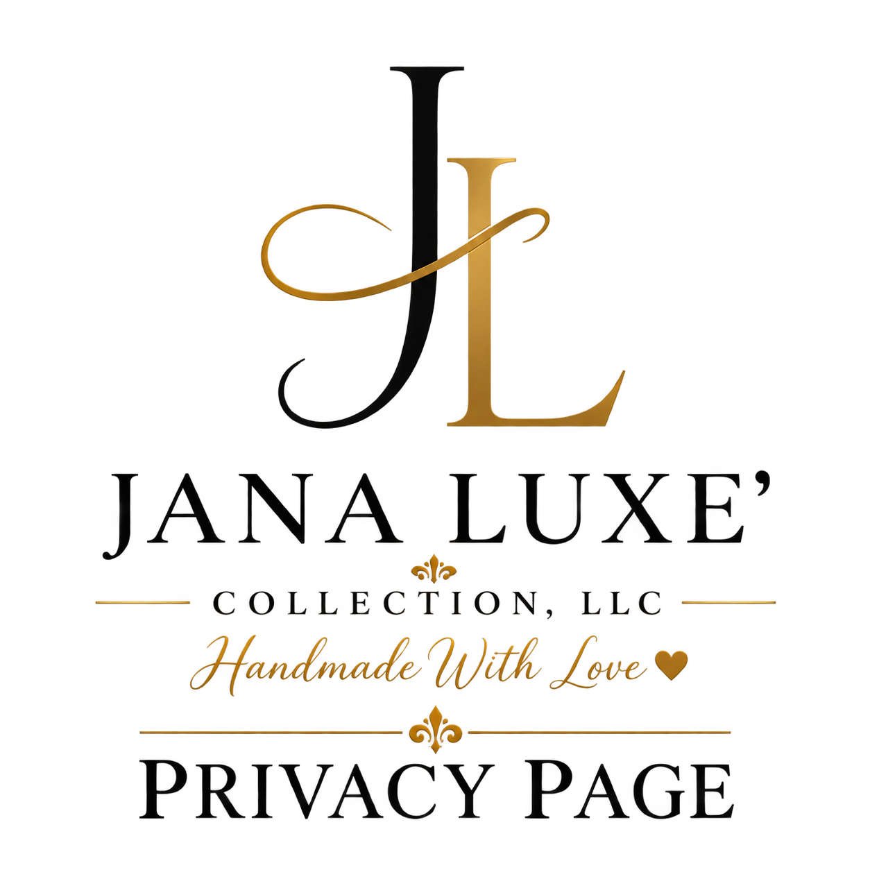 A logo with large stylized gold and black letters 'J' and 'L', with gold flourish accents, and red cursive text reading 'Handmade With Love' beneath it. Additional text includes 'Collection, LLC' and 'Pizzaredge' in stylized fonts.