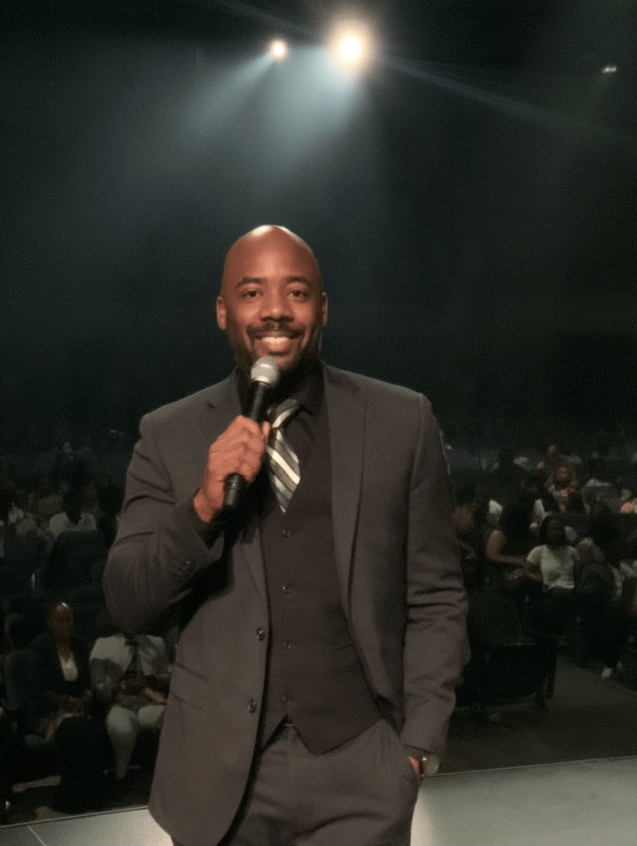 A man is standing on stage holding a microphone, dressed in a gray suit and striped tie, smiling at the camera, with an audience seated in the background.