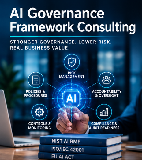 Poster titled 'AI Governance Framework Consulting' with subheading 'Stronger Governance. Lower Risk. Real Business Value.' It features a central icon labeled 'AI' and six surrounding icons with the labels 'Risk Management,' 'Accountability & Oversight,' 'Compliance & Audit Readiness,' 'Controls & Monitoring,' 'Policies & Procedures,' and 'Risk Management.' There are two books at the bottom titled 'NIST AI RMF,' 'ISO/IEC 42001,' and 'EU AI ACT,' with a laptop and a hand pointing at the AI icon.