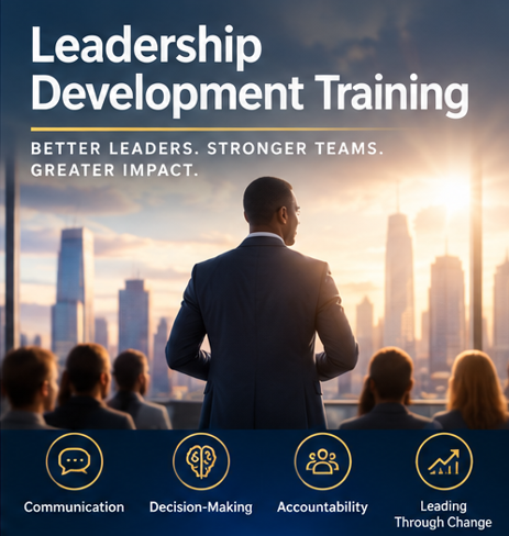 A man in a suit standing outdoors overlooking a city skyline during sunset, promoting leadership development training. The text highlights better leaders, stronger teams, and greater impact, with icons for communication, decision-making, accountability, and leading through change.