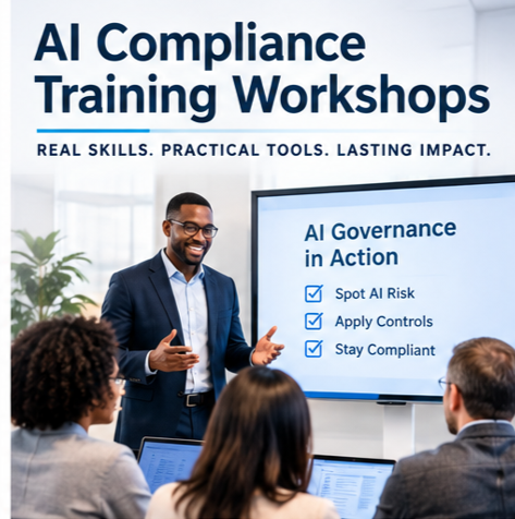 A man in a dark suit and glasses presents in front of a screen at an AI Compliance Training Workshop. The screen displays points about AI governance, including spotting AI risk, applying controls, and staying compliant. Several people are seated, listening, some with laptops.