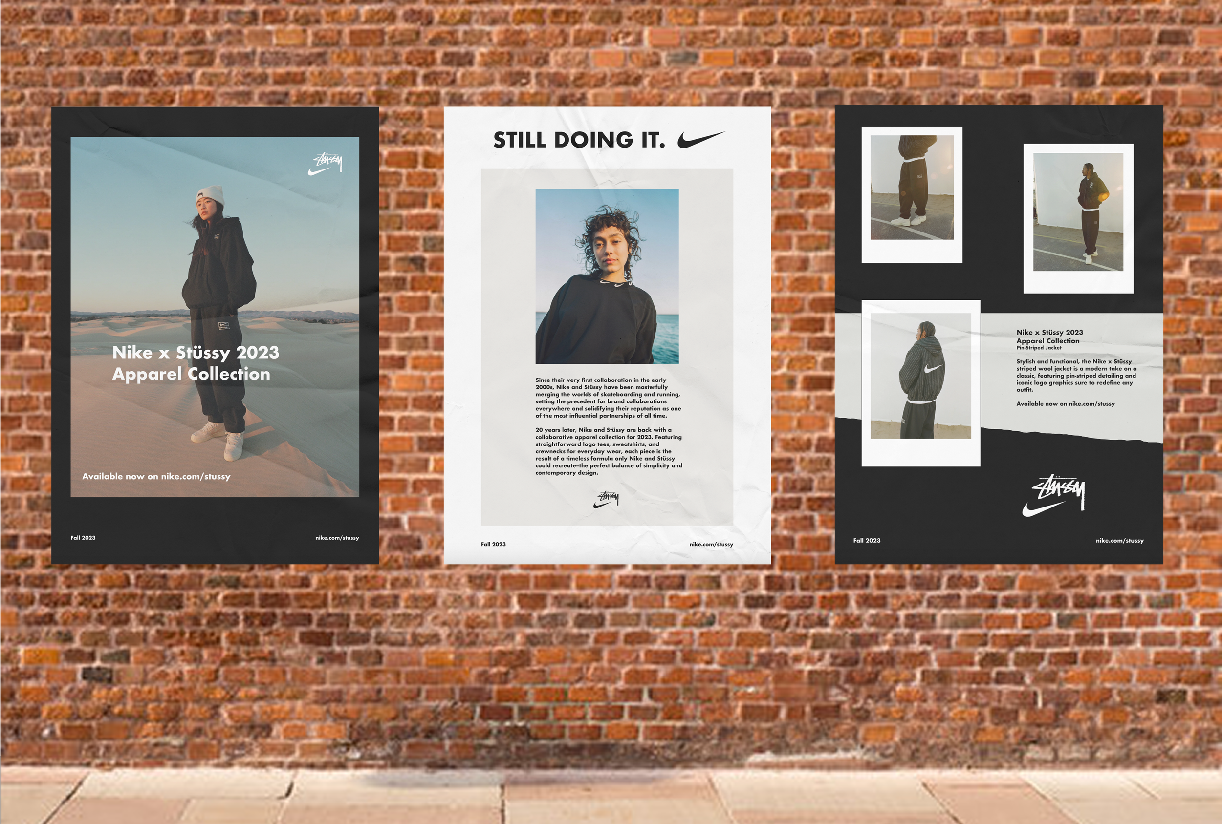 Three posters on a brick wall, advertising the Nike x Stüssy 2023 Apparel Collection, featuring models in Nike Stüssy clothing.