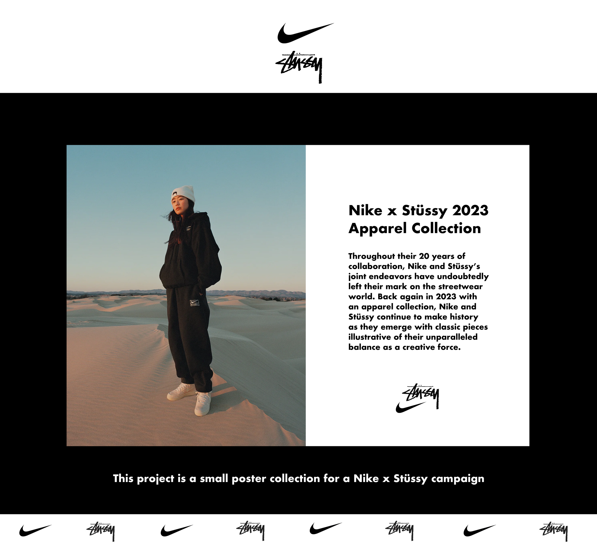 Poster advertising the Nike x Stüssy 2023 apparel collection, featuring a woman in black athleticwear standing on sand dunes during sunset or sunrise.
