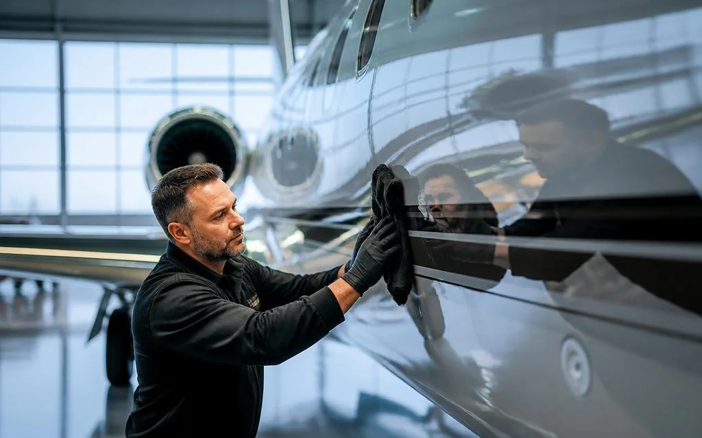 An aircraft technician cleaning the exterior of a private jet inside a hangar.